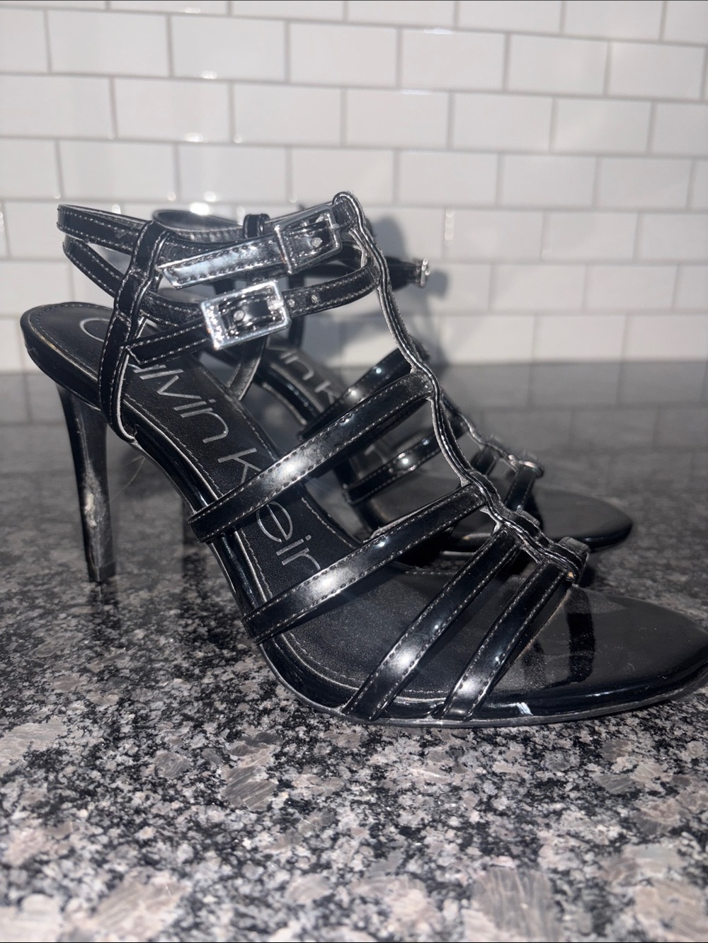 Calvin Klein Black Strappy T-Strap Stiletto Heels